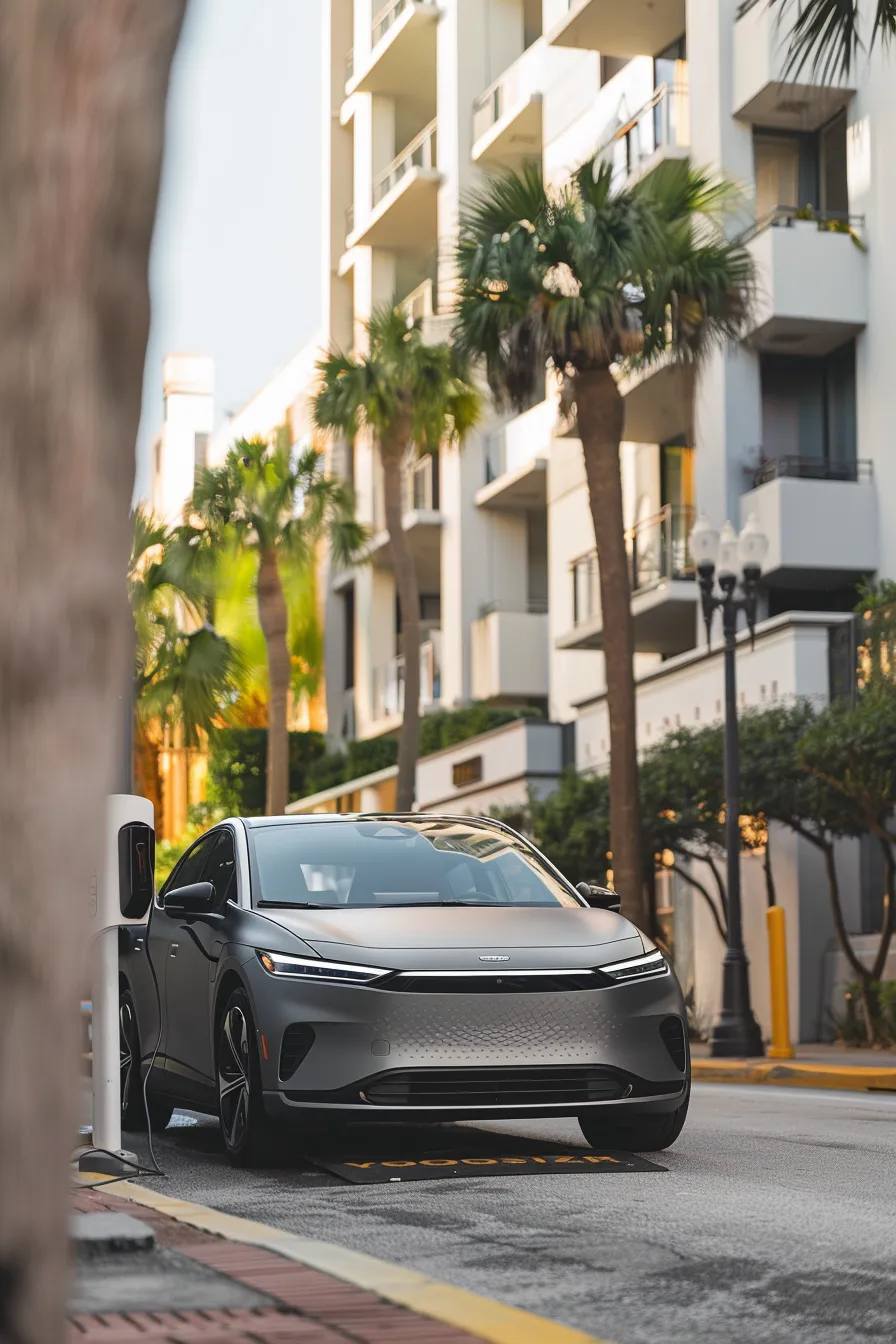 a sleek, modern electric vehicle parked in a bustling urban street, with an on-demand charging service vehicle nearby, showcasing a bright digital interface for easy charging requests, reflecting the innovative spirit of florida's evolving ev landscape. a sleek, modern electric vehicle parked in a bustling urban street, with an on-demand charging service vehicle nearby, showcasing a bright digital interface for easy charging requests, reflecting the innovative spirit of florida's evolving ev landscape.