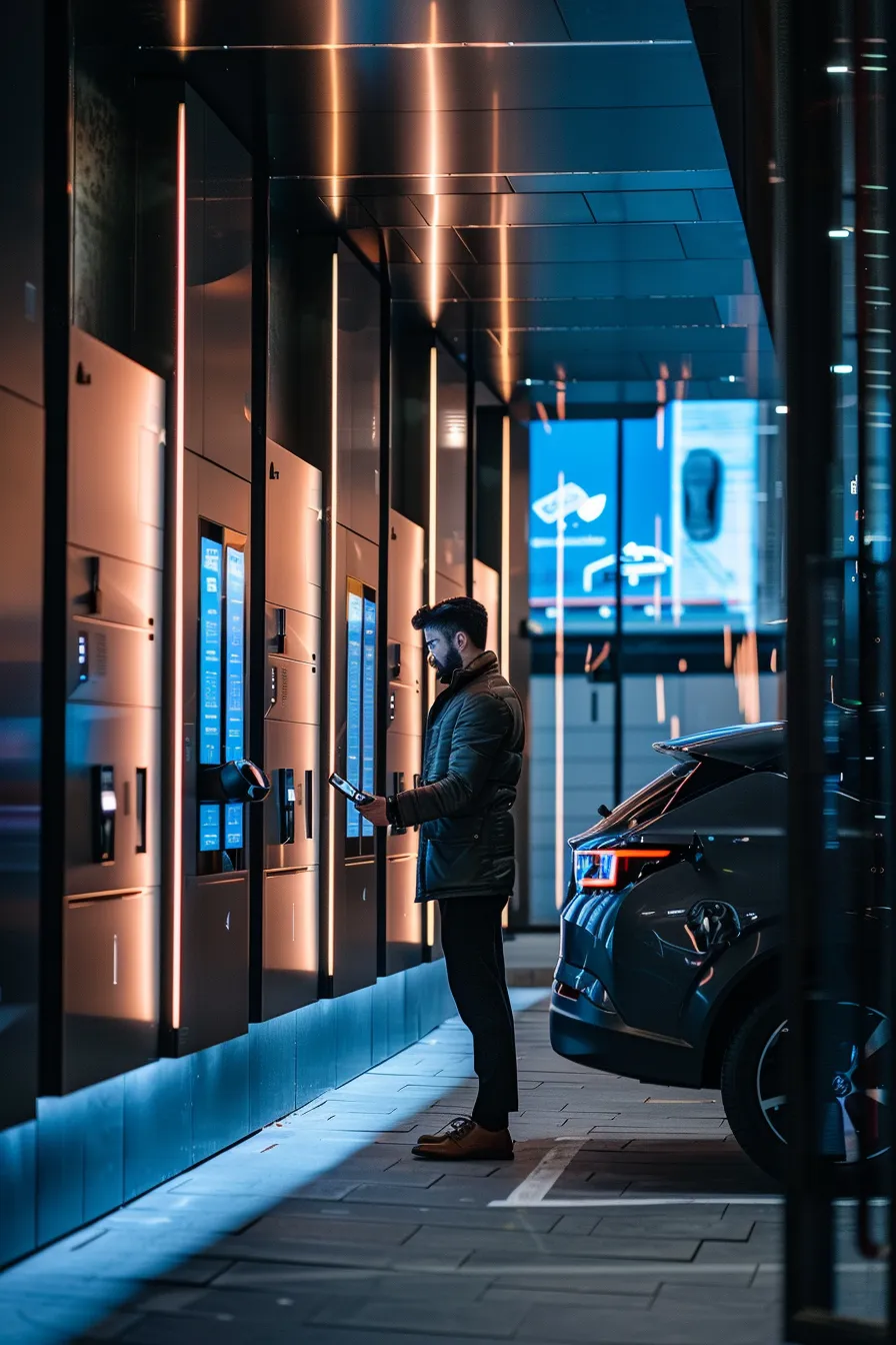 a sleek, modern office space showcases a confident ev driver using a smartphone app to effortlessly access on-demand charging services, illuminated by the soft glow of ambient lighting that highlights a wall of digital screens displaying charging station locations and user profiles. a sleek, modern office space showcases a confident ev driver using a smartphone app to effortlessly access on-demand charging services, illuminated by the soft glow of ambient lighting that highlights a wall of digital screens displaying charging station locations and user profiles.