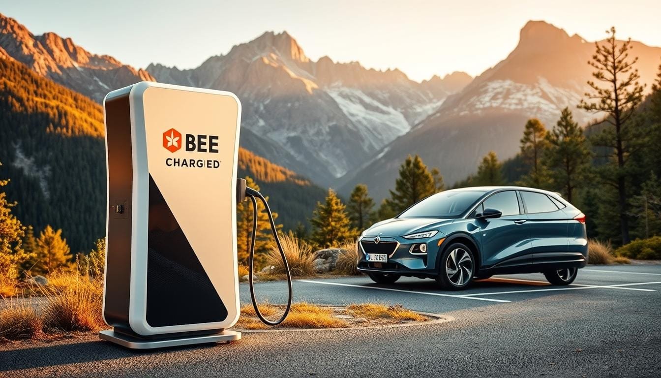 A sleek, futuristic BEE CHARGED EV MOBILE CHARGING station stands prominently in the foreground, its bold branding and streamlined design catching the eye. In the middle ground, an electric vehicle is parked, its charging port connected to the mobile unit. The backdrop features the stunning natural beauty of the mountainous terrain, with towering peaks and lush foliage bathed in the warm, golden light of the afternoon sun. The scene conveys a sense of innovation, sustainability, and the seamless integration of technology with the great outdoors, perfectly capturing the essence of eco-friendly mobile charging solutions in the heart of Mountain View.