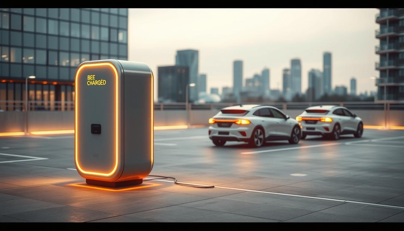 A sleek, futuristic BEE CHARGED EV MOBILE CHARGING station situated in the foreground, casting a warm, inviting glow. In the middle ground, a fleet of electric vehicles seamlessly integrating with the charging station, showcasing the convenience and efficiency of the system. The background features a modern, minimalist cityscape, emphasizing the cost-effective and sustainable nature of the mobile charging solution. The lighting is soft and diffused, creating a sense of sophistication and innovation. The overall composition conveys a harmonious blend of technology, practicality, and environmental responsibility.