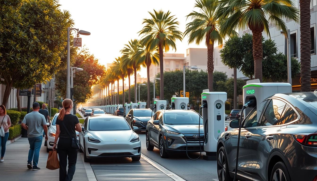 A bustling city street in Long Beach, with electric vehicles charging at strategically placed "BEE CHARGED EV MOBILE CHARGING" stations. The scene is bathed in a warm, golden glow, highlighting the sleek, modern design of the charging stations and the eco-friendly vehicles they serve. In the foreground, a group of pedestrians admire the clean, sustainable technology, while in the background, lush greenery and towering palm trees create a serene, nature-inspired atmosphere. The overall composition conveys a sense of progress, environmental consciousness, and a commitment to a greener future for the community.