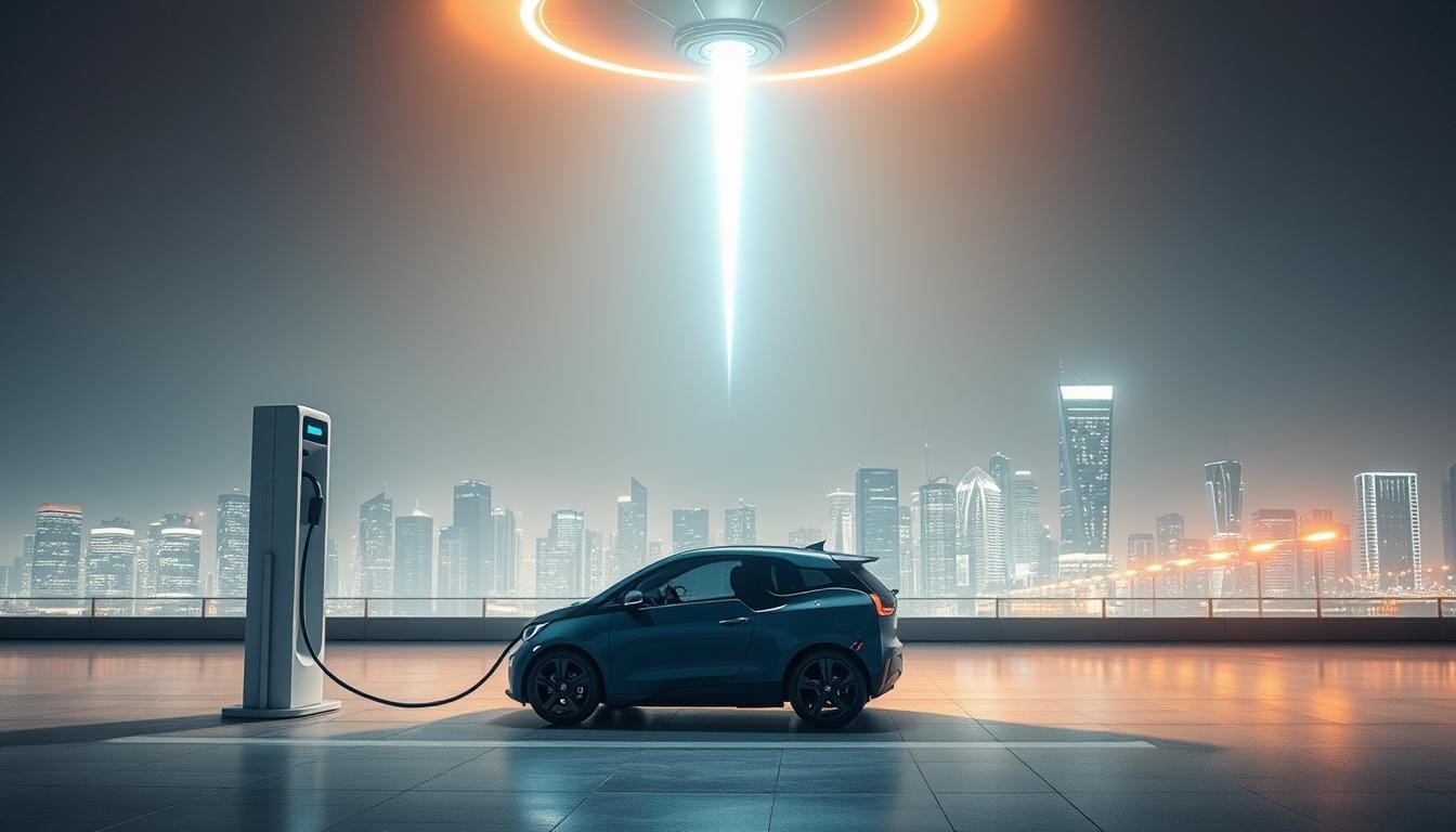 A high-tech charging station, sleek and futuristic, stands against a backdrop of a gleaming, minimalist cityscape. Overhead, a powerful beam of energy pulses, charging an electric vehicle parked below. The scene is bathed in a warm, ambient glow, conveying a sense of efficiency and innovation. Intricate circuitry and cutting-edge components are visible, hinting at the advanced technology powering this fast-charging system. The overall impression is one of progress, sustainability, and the seamless integration of electric mobility with modern urban infrastructure.