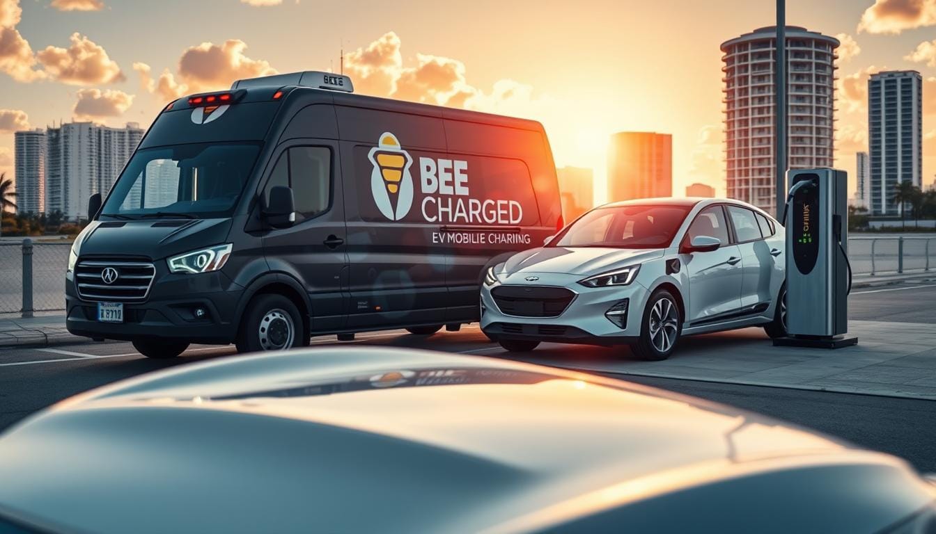 A modern, clean-lined, and meticulously detailed image showcasing the benefits of "BEE CHARGED EV MOBILE CHARGING" services. In the foreground, a sleek, fully-charged electric vehicle is prominently displayed, its battery icon glowing with power. The middle ground features a BEE CHARGED service van, its bold branding emblazoned on the side, with a technician efficiently connecting the vehicle to the mobile charging unit. The background depicts a vibrant, sun-drenched Miami cityscape, conveying a sense of on-demand convenience and reliable emergency assistance. The overall mood is one of technological sophistication, environmental responsibility, and unparalleled customer service - capturing the essence of the "Benefits of Mobile EV Charging Over Traditional Towing".