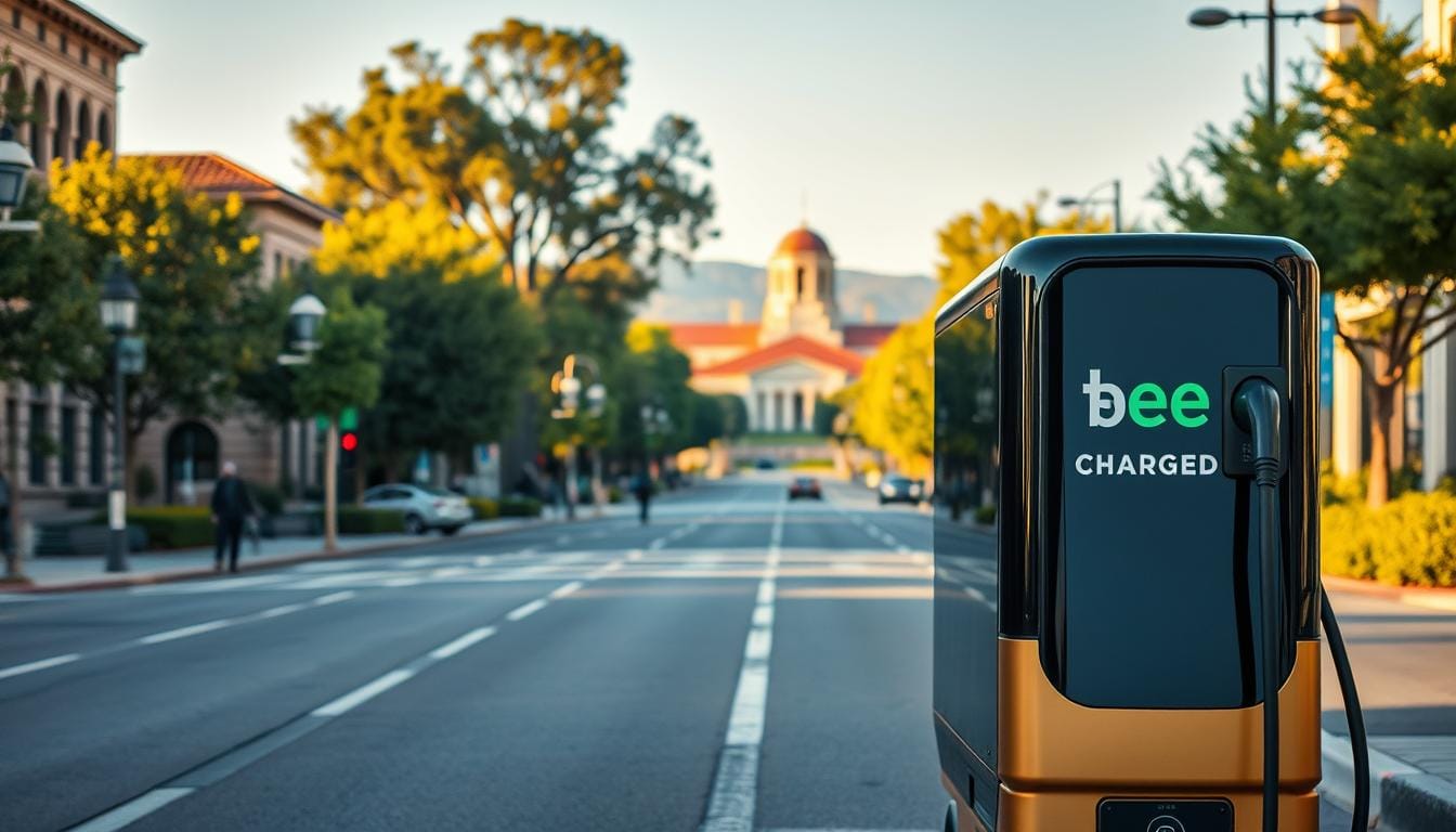 A visually striking image of a sleek, modern mobile EV charging station in the foreground, its glossy black and gold chassis reflecting the warm sunlight. In the middle ground, a well-maintained city street with lush greenery and pedestrians, conveying a sense of an eco-friendly urban environment. The background features prominent landmarks of Palo Alto, such as the iconic Stanford University campus, bathed in a soft, golden hour glow. The mobile charging station, prominently featuring the brand name "BEE CHARGED EV MOBILE CHARGING", is the focal point, positioned to suggest it as a practical and convenient alternative to traditional emergency EV charging solutions like SparkCharge. The overall scene exudes a sense of technological innovation, environmental consciousness, and the city's progressive spirit.
