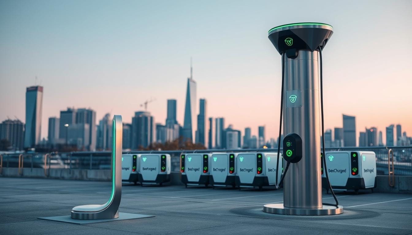 A sleek, modern charging station for electric vehicles stands prominently in the foreground, its gleaming metallic surface reflecting the soft, diffused lighting of the scene. In the middle ground, a fleet of BeeCharged EV mobile charging units are strategically positioned, their distinctive branding visible. The background features a city skyline, with towering skyscrapers and a vibrant, urban atmosphere, conveying the idea of a progressive, technologically-advanced environment. The overall composition suggests a harmonious integration of cutting-edge charging infrastructure, enabling seamless electric vehicle adoption in the 2025 landscape.