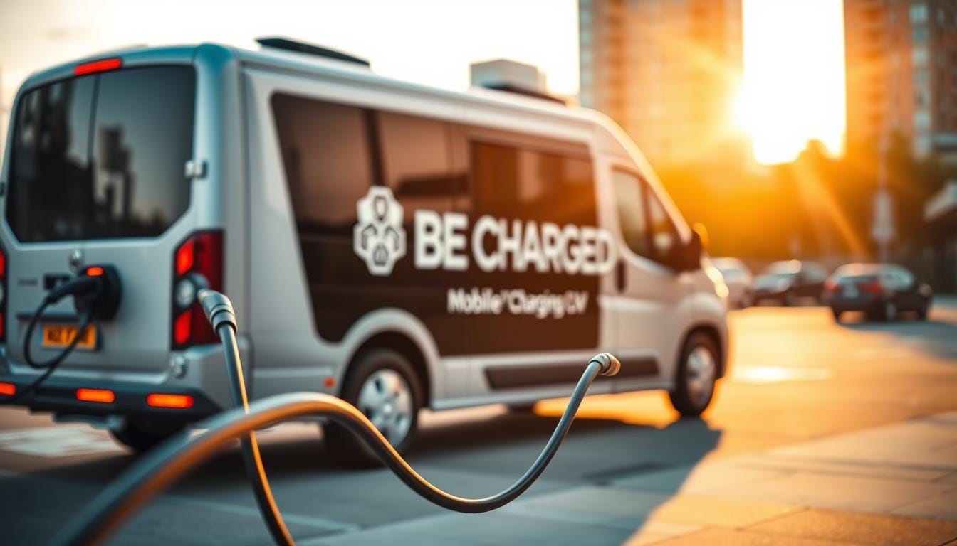 A sleek and modern mobile electric vehicle support unit, the BEE CHARGED EV MOBILE CHARGING, stands ready to provide reliable emergency charging services. Bathed in warm, golden light, the vehicle's streamlined design and bright orange accents catch the eye, inviting attention. In the foreground, a charging cable snakes out, ready to bring power to a stranded EV. The middle ground features the BEE CHARGED branding prominently displayed, conveying a sense of trustworthiness and expertise. In the background, a blurred urban landscape sets the scene, hinting at the flexibility and accessibility of this mobile solution. The overall atmosphere is one of reassurance and technological prowess, perfectly capturing the "Mobile EV Charging Benefits and Flexible Solutions" concept.