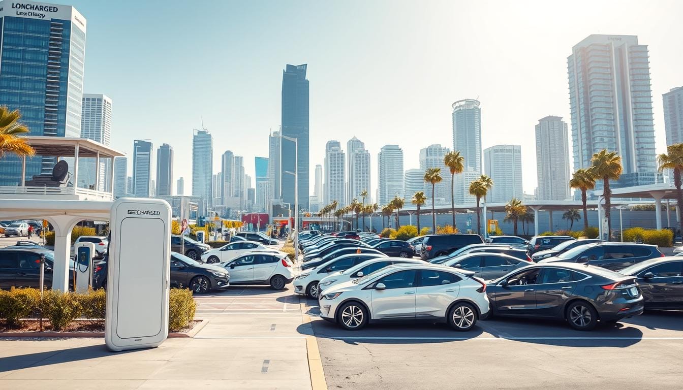 A bustling cityscape of Long Beach, California, showcased in a dynamic, futuristic scene. In the foreground, the "BEE CHARGED EV MOBILE CHARGING" service stands prominently, its sleek and modern design drawing the eye. Surrounding it, a network of EV charging stations and infrastructure weaves through the urban landscape, catering to the growing demand for electric mobility. In the middle ground, a diverse array of electric vehicles, from compact sedans to towering SUVs, charge at the various stations, their smooth, aerodynamic lines reflecting the city's progressive energy transition. The background features towering skyscrapers, palm trees, and a bright, sun-drenched sky, creating a vibrant, forward-thinking atmosphere that encapsulates Long Beach's commitment to sustainable transportation.