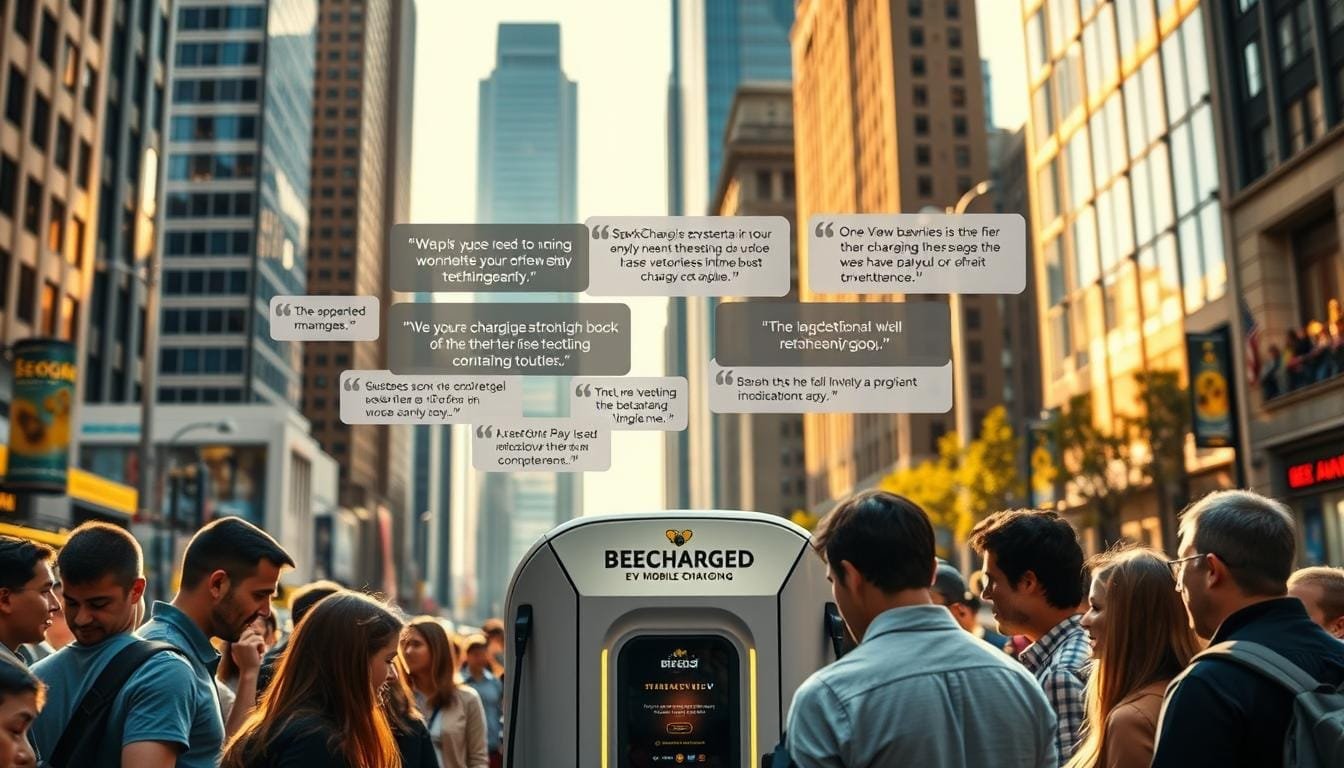A bustling city street, framed by towering skyscrapers. In the foreground, a group of people gathers around a sleek, futuristic-looking mobile charging station, the "BEE CHARGED EV MOBILE CHARGING" logo prominently displayed. Curious onlookers examine the device, their expressions a mix of awe and satisfaction. In the middle ground, a series of testimonials hover in the air, showcasing the positive experiences of satisfied users. The lighting is warm and inviting, casting a golden glow over the scene. The overall atmosphere is one of innovation, convenience, and a sense of community surrounding the mobile charging service. The image captures the excitement and enthusiasm of those who have embraced this cutting-edge technology, perfectly complementing the article's focus on the SparkCharge alternative in Mountain View.