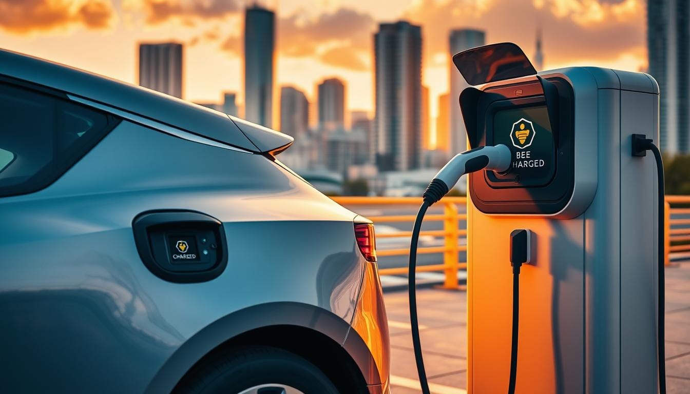 Prompt A sleek, modern electric vehicle parked in the foreground, its charging port open and connected to a BEE CHARGED EV MOBILE CHARGING unit. Warm, golden light illuminates the scene, casting long shadows and creating a sense of urgency. In the background, a bustling city skyline with towering skyscrapers, hinting at the need for on-the-go charging solutions. The charging process is smooth and efficient, reflected in the car's gleaming exterior and the BEE CHARGED logo prominently displayed. This image conveys the reliable, 24/7 emergency mobile charging services available, allowing EV drivers to get back on the road anytime, anywhere in Miami, FL.