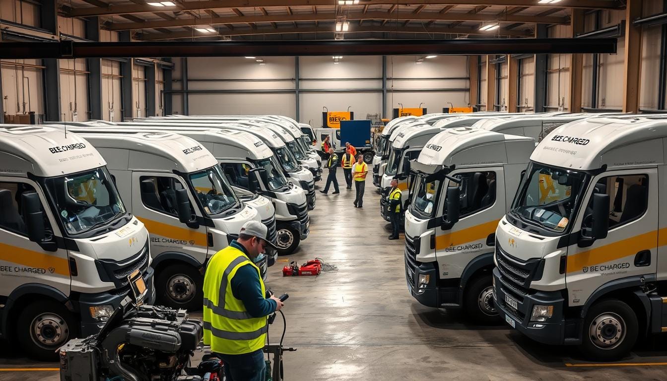 A bustling mobile fleet service, with a fleet of sleek BEE CHARGED EV MOBILE CHARGING trucks parked in a well-lit industrial yard. The trucks are carefully detailed, their BEE CHARGED branding prominently displayed. In the foreground, a technician in a high-visibility vest is working on a vehicle, surrounded by an array of tools and equipment. In the middle ground, other technicians are attending to various tasks, their expertise and efficiency evident. The background features a modern, well-maintained facility, with clean lines and a sense of order and professionalism. The lighting is warm and inviting, creating a sense of productivity and reliability. The overall scene conveys the benefits of using BEE CHARGED for mobile fleet service: a skilled, responsive team, state-of-the-art equipment, and a commitment to keeping fleets running smoothly.