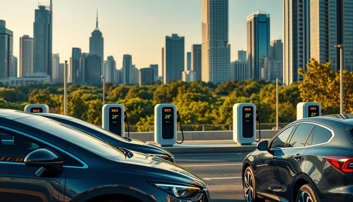 Vibrant, futuristic cityscape with sleek BEE CHARGED EV MOBILE CHARGING stations powering a fleet of eco-friendly electric vehicles. In the foreground, a group of gleaming, next-gen e-cars charge efficiently, their glossy exteriors reflecting the warm, ambient lighting. In the middle ground, the BEE CHARGED stations stand as beacons of sustainable mobility, their modular designs blending seamlessly with the urban landscape. In the background, towering skyscrapers and verdant parks create a harmonious, technologically-advanced environment, showcasing the cost-effective and eco-conscious solutions offered by BEE CHARGED. Crisp, cinematic composition with a focus on dynamic, forward-thinking energy and a sense of progress.