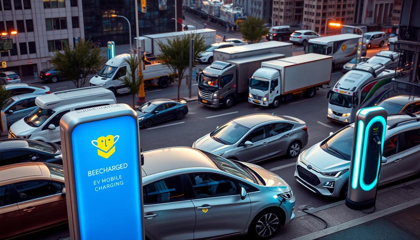 A bustling urban landscape, with electric vehicles parked at strategically placed charging stations. The "BEE CHARGED EV MOBILE CHARGING" service shines in the foreground, its vibrant branding and sleek, efficient design drawing the eye. In the background, a diverse array of EVs, from compact sedans to towering delivery trucks, all connected to the charging network, showcasing the real-world impact of this innovative solution. Soft, warm lighting illuminates the scene, creating a sense of energy and progress. The image conveys a narrative of successful EV integration, where cutting-edge technology meets the demands of modern urban mobility.