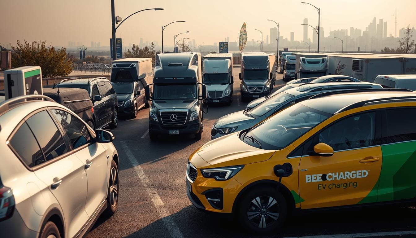 A busy urban street, cars and trucks lined up at a charging station, frustrated drivers waiting to charge their electric vehicles. In the foreground, a BEE CHARGED EV MOBILE CHARGING unit offering a mobile solution, its sleek design and vibrant branding standing out. The middle ground shows the limitations of fixed charging - long queues, limited accessibility, and inconvenient locations. In the background, a hazy skyline, the challenges of transitioning to electric fleets evident. Dramatic lighting casts shadows, heightening the sense of tension and urgency. This impactful scene powerfully conveys the need for flexible, on-demand EV charging solutions to overcome the shortcomings of traditional charging infrastructure.