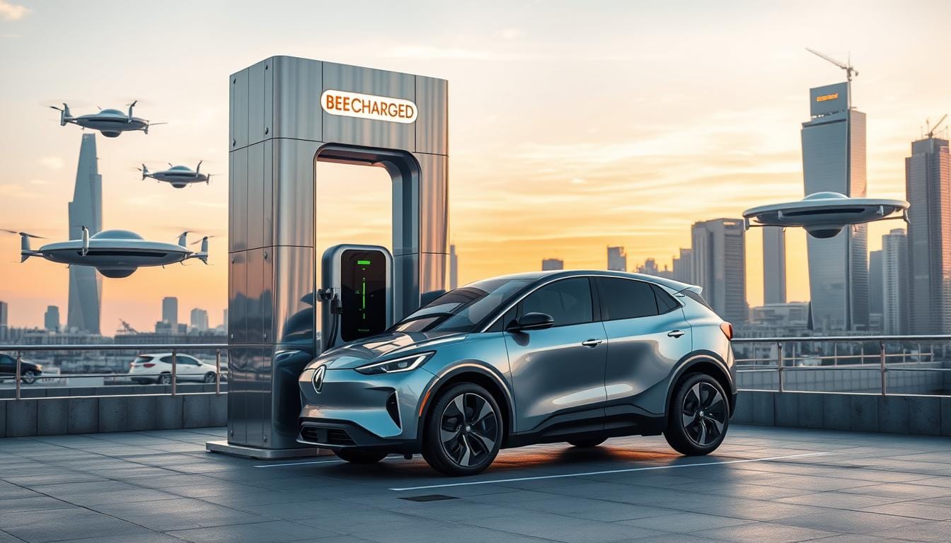 An ultra-modern, sleek BEE CHARGED EV MOBILE CHARGING station stands proudly in a futuristic cityscape. Gleaming silver panels reflect the warm glow of the sky, as hovercraft and hovercars glide silently by. In the foreground, a state-of-the-art electric vehicle is seamlessly docked, its battery rapidly replenishing via the station's advanced wireless charging technology. The scene exudes a sense of effortless efficiency and environmental harmony, showcasing the bold, innovative vision for the future of EV charging.