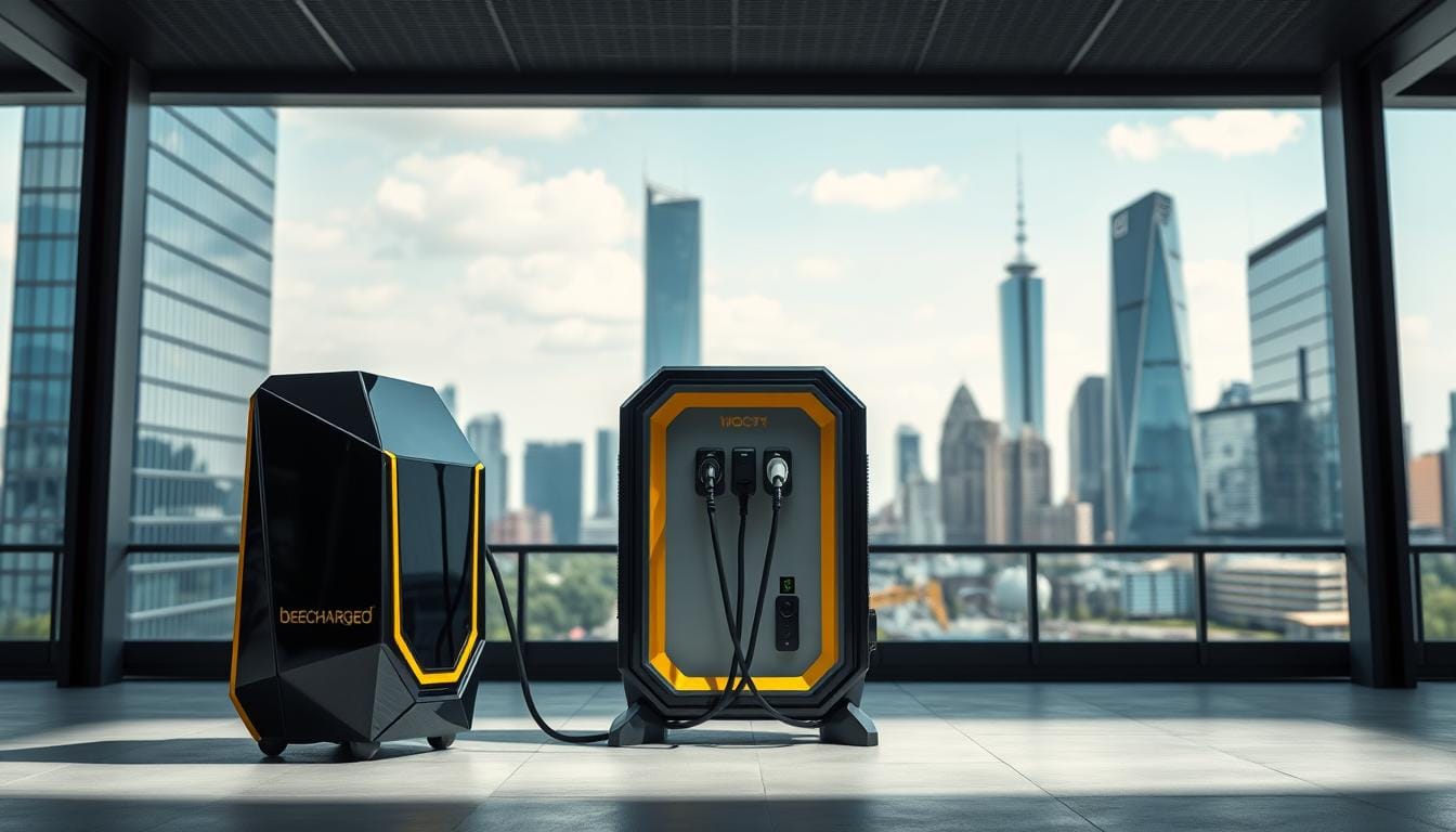 A sleek and futuristic mobile charging station for electric vehicles, the BEE CHARGED EV MOBILE CHARGING system is prominently displayed in the foreground. The device features a bold, angular design with a glossy black finish and vibrant yellow accents, exuding a sense of power and innovation. In the middle ground, the charging cables and ports are clearly visible, showcasing the system's practical functionality. The background depicts a modern, urban setting with towering skyscrapers and a vibrant city skyline, creating a dynamic and technologically advanced atmosphere. The lighting is crisp and directional, highlighting the curves and details of the BEE CHARGED EV MOBILE CHARGING unit, while casting dramatic shadows that add depth and visual interest to the scene.