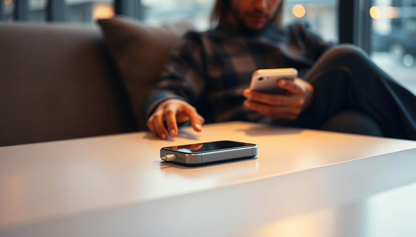 A user comfortably seated, engrossed in their mobile device as it charges on a sleek, minimalist table. The scene is bathed in warm, diffused lighting, creating a cozy and inviting atmosphere. The device's screen is slightly illuminated, reflecting the user's intent gaze. The table's surface is clean and uncluttered, allowing the charging experience to be the focal point. The background is blurred, gently suggesting an urban or domestic setting, keeping the emphasis on the user's seamless interaction with the charging solution.