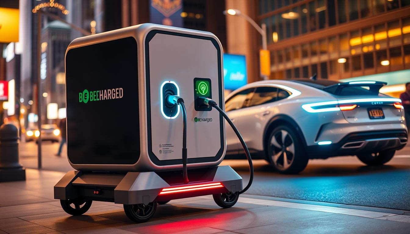 An ultra-portable, high-powered mobile EV charging station with the BEE CHARGED branding prominently displayed. It sits on a sleek, modern cart with a futuristic design, ready to be wheeled to an electric vehicle in need of emergency power. The station's LED lighting illuminates the charging port, inviting drivers to connect their vehicle. The background showcases a bustling downtown Los Angeles cityscape, emphasizing the urban setting where this innovative solution would be most useful. Crisp, warm lighting and dynamic camera angles capture the device's compact, efficient form and its ability to provide a fast, reliable charging solution in the heart of the city.