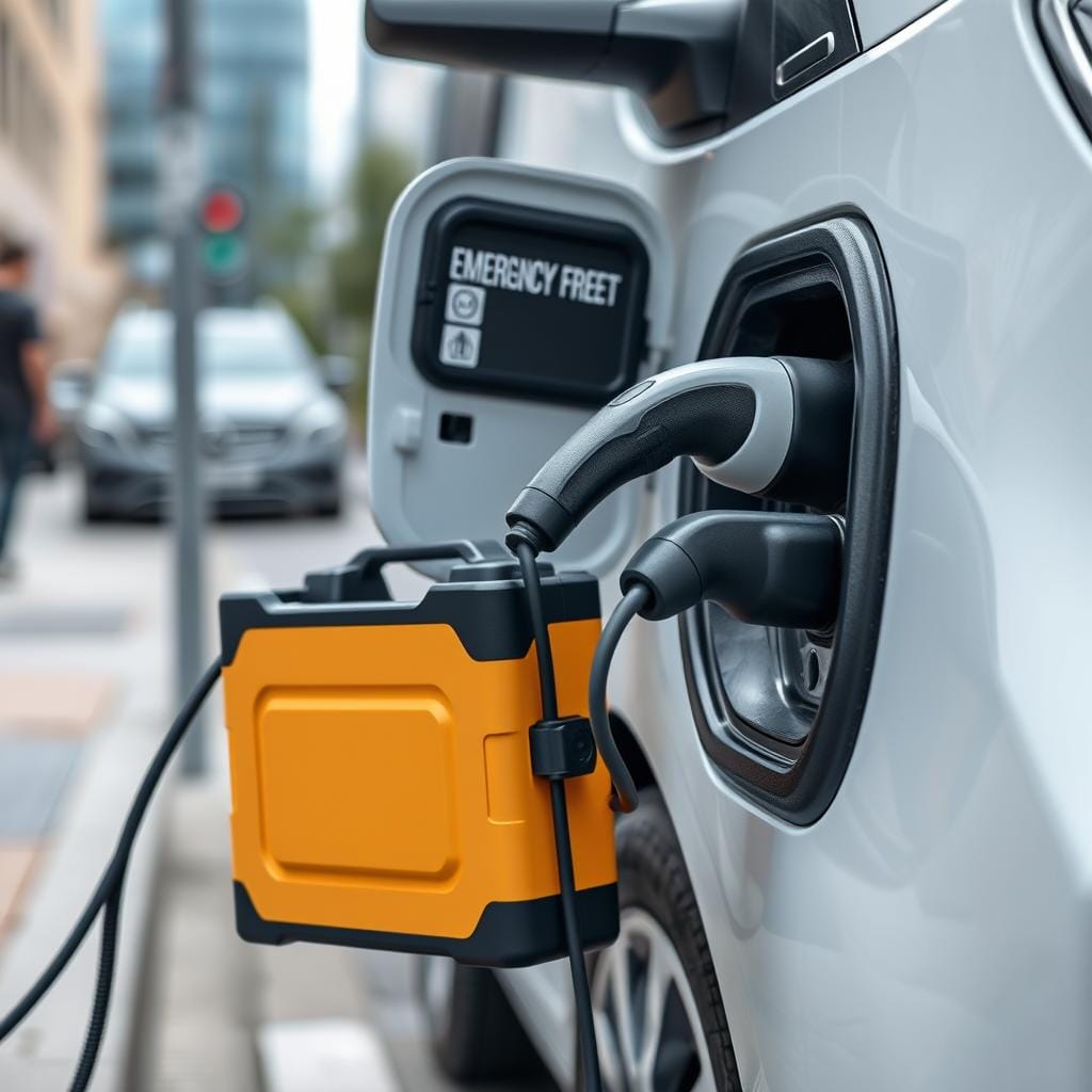 Portable battery pack being used for emergency EV charging